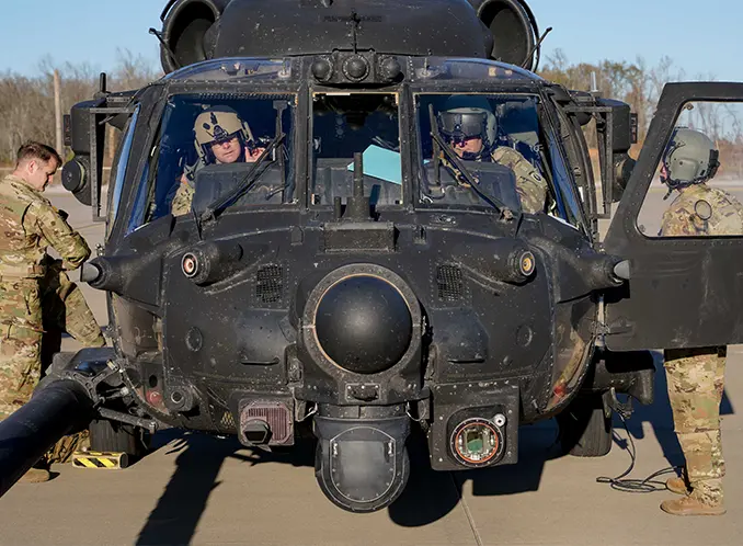 front view of Lisa mounted on the gimbal of a medical helicopter